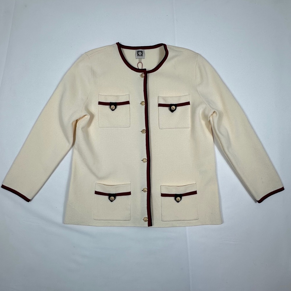 Anne Klein Cream Knit‎ Cardigan Burgundy Trim Gold Lion Button Lady Jacket Small